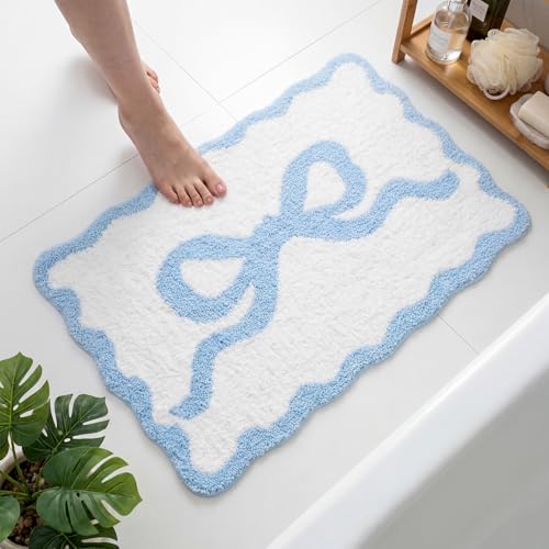 Tinideya Blue Bow Bathroom Rug 36" x 24" Scalloped Bow Bath Mat - color: Blue, size: 36" x 24" (Rectangular)