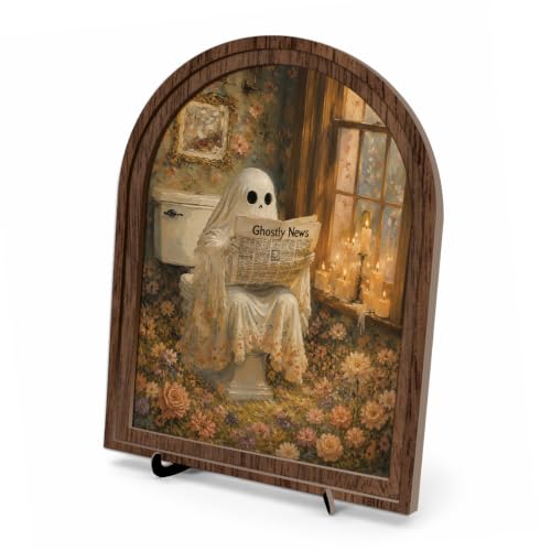 Vintage Ghost Bathroom Arched Wood Frame Tabletop Decor, Halloween Wall Art - color: Color 06