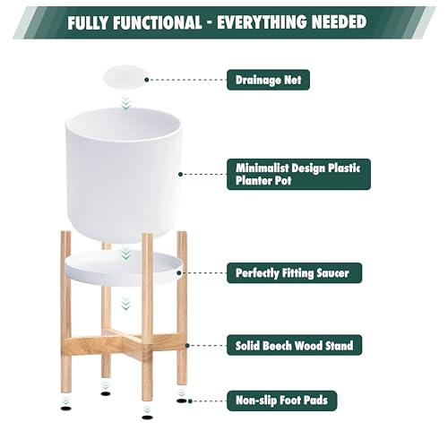 D'vine Dev Plastic Pot with Natural Wood Stand, White, 8 in, 55-C-J-1 - color: Matte White Pot + Natural Stand, size: 8 Inch