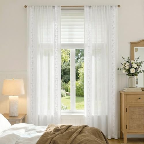 jinchan Floral Linen Curtains, Back Tab 54x96 Inch, 2 Panels White - color: S | Off White, size: 54"W x 96"L (Pack of 2)