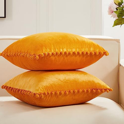 Deconovo Velvet Pom Pom Throw Pillow Covers for Couch, Invisible Zipper - color: Mustard Yellow, size: 24" x 24" (Pack of 2)