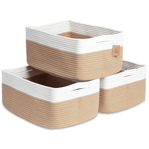 NaturalCozy Storage Baskets 16.8”x13”x7.6” Cotton Rope Woven Baskets for Organizing 3-Pack | Toy Storage Bins | Basket for Shelves, Laundry, Blanket, Clothes, Closet, Kitchen, Bathroom, Gifts - color: Off White & Tan Brown