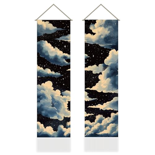 AHANDMAKER 2Pcs Starry Sky and Clouds Tapestry, Night Sky Tapestry Wall Hanging, Hand-Drawn Illustration Style Long Tapestries Wall Art with Tassels for Living Room Office Decoration, 45.7x13 Inch - color: Mixed Color Cloud