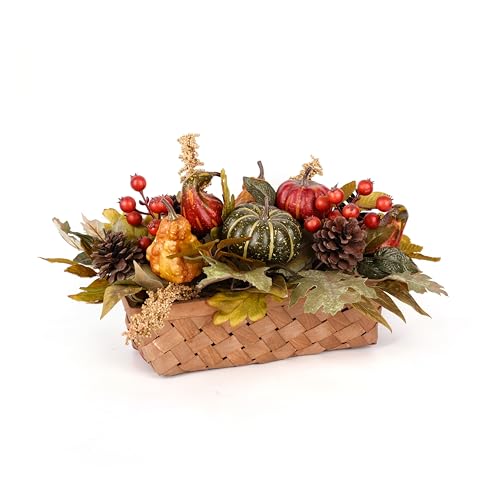 Fall Decor - Faux Pumpkins, Pine Cones, Berries and Maple Leaves in Rectangular Woven Basket for Table Centerpiece, Shelf, Mantel - Autumn Thanksgiving Arrangement for Home Indoor Outdoor - 14" Long
