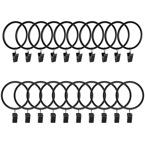 Lansian 20 Pack Curtain Rings with Clips Hooks 2 in Diameter Rustproof - color: Black, size: 2"Inner Dia, 20Pack
