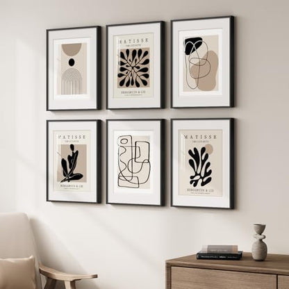 Framed Neutral Abstract Wall Art for Living Room, Set of 6 Canvas Prints - color: Matisse and Geometry