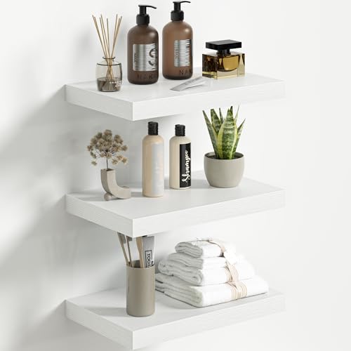 Fun Memories Floating Shelves for Wall 16 Inch Set of 3, Farmhouse Floating Shelves with Invisible Heavy Duty Bracket, 10 Inch Deep Bathroom Shelves for Storage, Living Room, Kitchen, Decor, White - color: White, size: 16"L x 10"D