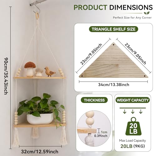 Artilady Macrame Wall Hanging Corner Shelf, Adjust Boho Storage Wall Decor - color: Beige 2-tier