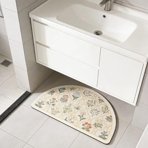 Vintage Floral Bathroom Rug Mat, 16"x24" Non-Slip Absorbent Bath Rug, Quick Dry Washable Entryway Rug, Retro Botanical Pattern Floor Mat for Bathroom, Kitchen, Bedroom (Yellow, Half Circle) - color: Half Circle,yellow, size: 24" x 16"