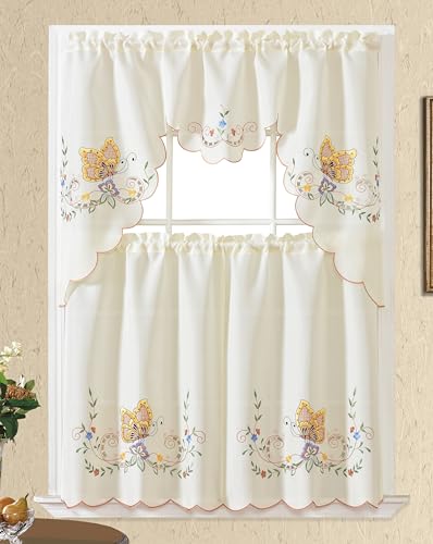 GOHD Dancing Butterfly 3pcs Embroidery Cafe Curtains with cutworks,Yellow - color: Yellow
