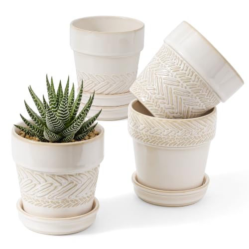 Fayoula Succulent pots,Indoor Small Succulent Bonsai,3 Inch Mini Ceramic Succulent Pots with Saucer and Drainage Hole, Decorative Planter for Succulent, Cactus, Set of 4. - color: 3inch-beige, size: Small