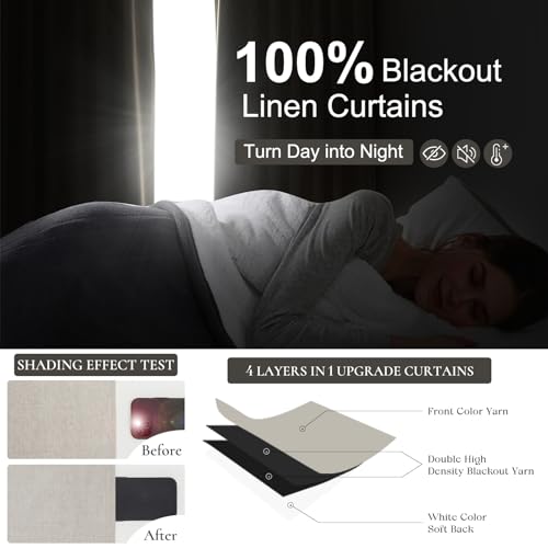 Natural Linen 86 Inch 100% Blackout Curtains for Bedroom, Pleated Heading Tape Ring Clips Back Tab Thermal Custom Made Window Curtains Living Room Modern Farmhouse (100 Wide Total, Each W50"x2Pcs) - color: Natural Linen, size: 50"W x 86"L (Pack of 2)