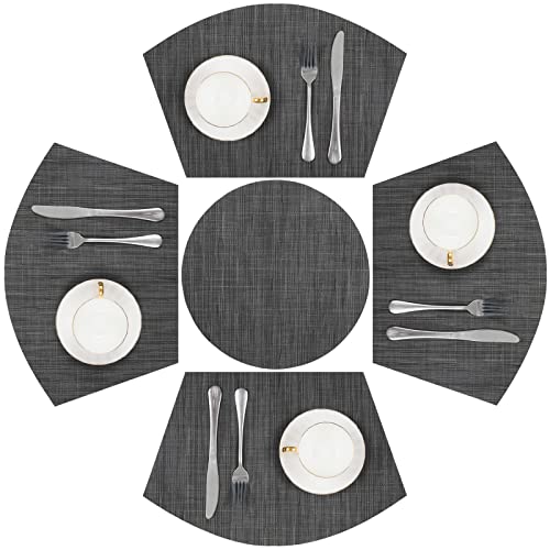 SHACOS Small Round Table Placemats Set of 5 Woven Vinyl Wedge Placemats with Centerpiece Round Table Mats Heat Resistant Wipe Clean (5, Black Gray) - color: Black Gray