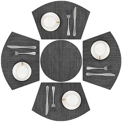 SHACOS Small Round Table Placemats Set of 5 Woven Vinyl Wedge Placemats with Centerpiece Round Table Mats Heat Resistant Wipe Clean (5, Black Gray) - color: Black Gray