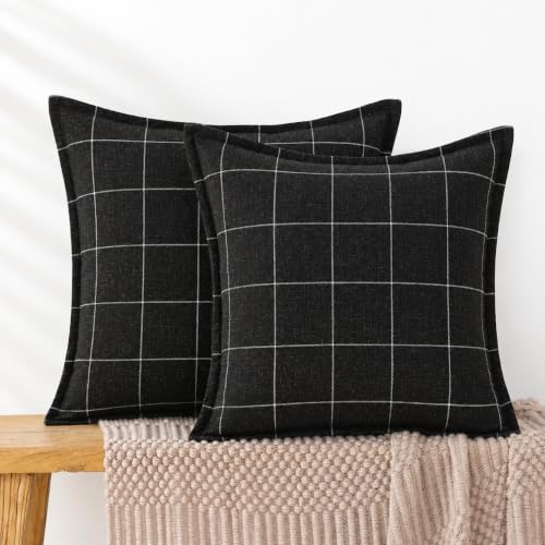 Pure Linen Plaid Throw Pillow Covers 20x20, Set of 2, Black - color: Black, size: 20x20inch
