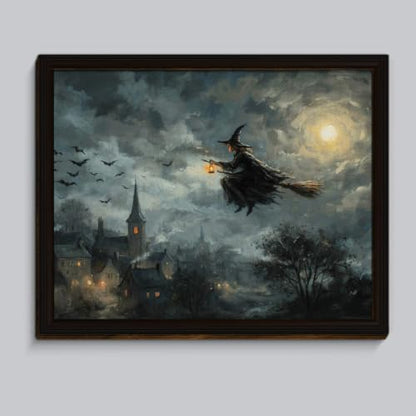 BIQRP Halloween Witch Flying On Broom Over Village Wall Art Decor - color: Flying1