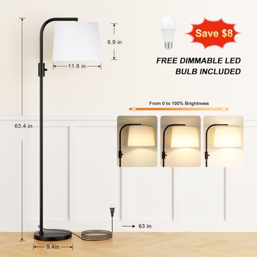 Ambimall Fully Dimmable Floor Lamp with 9W LED Bulb, Standing Lamp for Living Room with Adjustable Head, Modern Tall Light with Rotary Switch for Office, Black and White - color: C:Black and Linen White