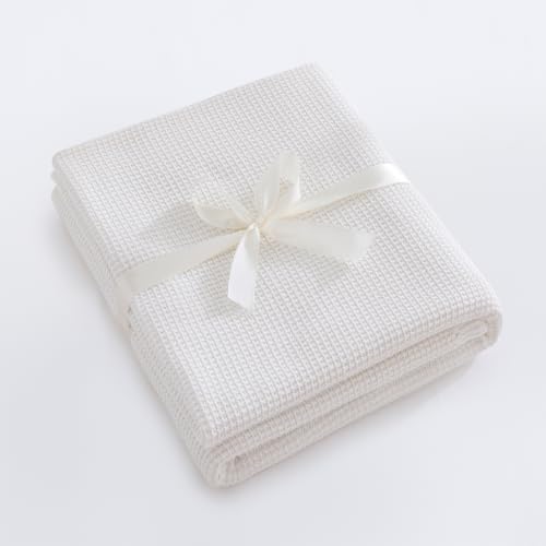 BOV 100% Cotton Knit Blanket - White Waffle Knitted Throw Blanket, Soft Breathable Lightweight Decorative Blanket for Couch Sofa Bed, Ideal Throw Blankets for Women Gift, 50"X60" - color: White, size: 50"x60"
