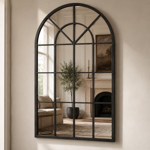 Black Arched Metal Window Mirror 32"x45" - Shatterproof Wall Decor for Fireplace, Living Room, Dining Room, Entrances, Against the Wall - Distortion-Free, Easy Mounting - color: Matte Black, size: 45"L x 32"W
