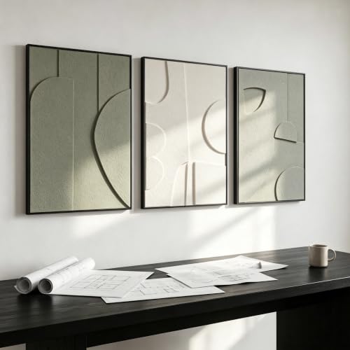 AMAATE 3Pcs 3D Sandstone Wall Art Black Frame Minimal Abstract Relief Decor - color: White light green, size: 20" x 30" inch
