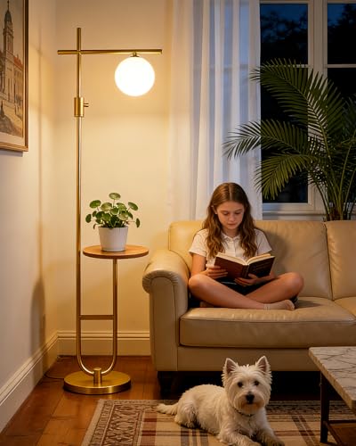 66IN Gold Floor Lamp with Table, Modern Shelf Lamp for Living Room
