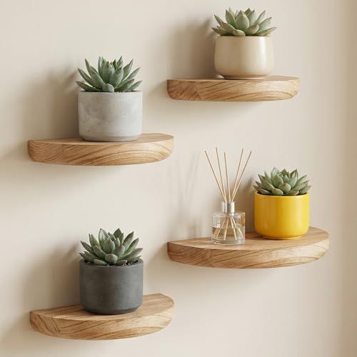 4 Pcs Small Floating Shelves for Wall,8.27 Inch Solid Wood Half Round Floating Shelves Rustic Sturdy Invisible Wall Mount Display for Small Plants for Living Room Bedroom
