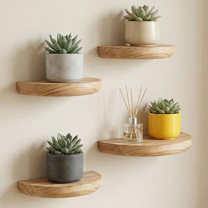 4 Pcs Small Floating Shelves for Wall,8.27 Inch Solid Wood Half Round Floating Shelves Rustic Sturdy Invisible Wall Mount Display for Small Plants for Living Room Bedroom