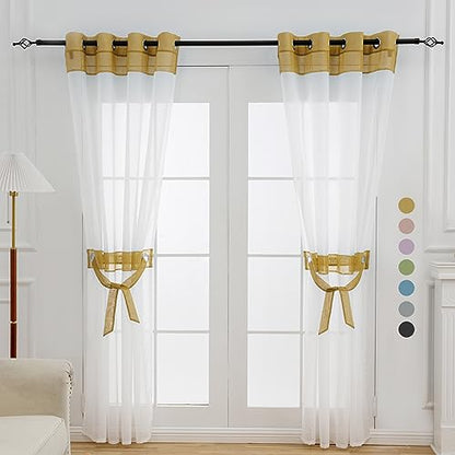 L.Z.E Gold and White Sheer Curtains 72 Inch Length 2 Panels Set for Living Room Bedroom, White See-Through Curtains with Tiebacks Grommet Top Curtain & Drapes (56" W x 72" L Gold) - color: Gold, size: 56"W x 72"L (Pack of 2)