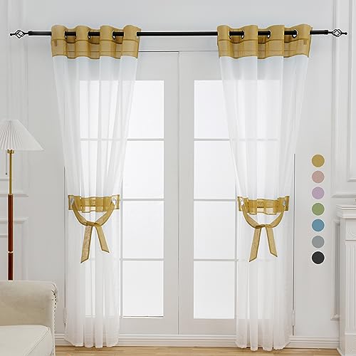 L.Z.E Gold and White Sheer Curtains 72 Inch Length 2 Panels Set for Living Room Bedroom, White See-Through Curtains with Tiebacks Grommet Top Curtain & Drapes (56" W x 72" L Gold) - color: Gold, size: 56"W x 72"L (Pack of 2)