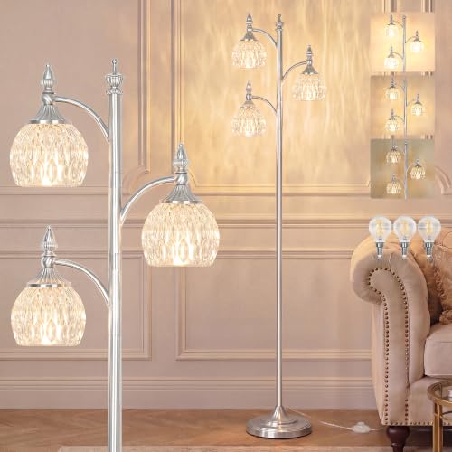 JUNNAI Silver Floor Lamps Brushed Nickel Standing Lamp with Glass Shade 66.5in 3 Way Brightness Lights Mid Century Modern Pole Lights Corner Lamp for Living Room Bedroom Office(Bulbs Included) - color: Silver-4