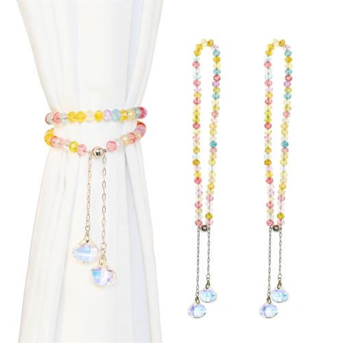 Magnetic Curtain Tiebacks, 2 Pack Colorful Crystal Curtain Drapery Holdbacks, Boho Curtain Ties for Home Office Decorative (Multi 1) - color: Multi 1
