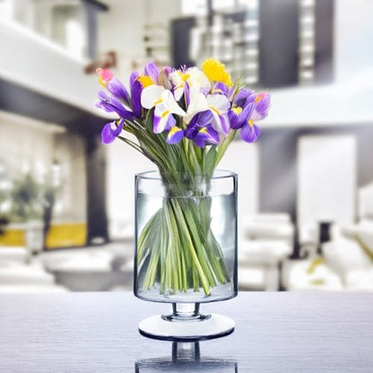 WGVI Clear Glass Pedestal Hurricane Candle Holder, 7.75"W, 13.5"H, Decorative Vase for Pillar Candles, Short Stemmed Candleholder Cylinder, Tabletop Centerpieces, Home Décor, Elegant Design, 1 Piece - size: 13" H