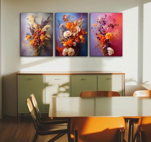 CHTEXA Boho Dried Flower Canvas Wall Art, 3 Piece Gallery Wrapped, 12x16 - color: Dark flowers and grasses-5, size: 12x16 inch
