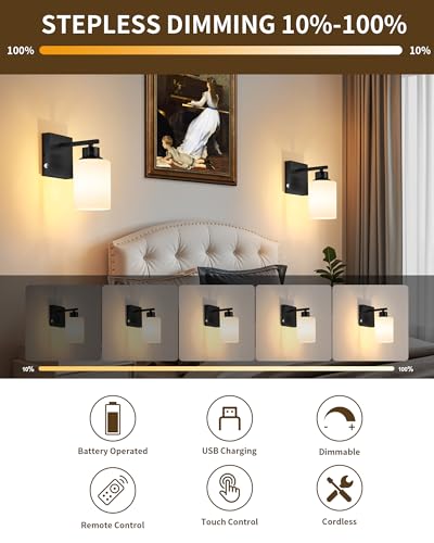 Wireless Battery Operated Wall Sconce Set of Two, Modern White Glass, Black | Dimmable, Easy Install Rechargeable Wall Lights with Timer Remote for Living Room Bedroom, Emergency 3000K - color: Black(White Lampshades)