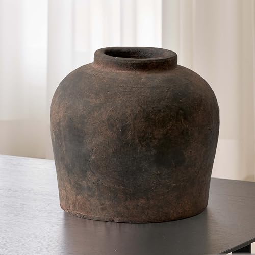 LB2 Brown Ceramic Large Vase, 11" Tall Zen Style vase, Terra Cotta Pitcher, Distressed Farmhouse Decor, Pottery Decorative Flower for Home Decor (B - Brown 11") - color: Brown