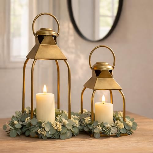 Decorative Metal Lanterns Indoor Outdoor, Candle Holder for Porch, Patio, Fireplace, Floor, Wedding, Christmas, Fall, Holiday, Farmhouse Table Centerpiece (Antique Gold, Set of 2 15.7" 12") - color: Antique Gold, size: Set of 2 15.7" 12"