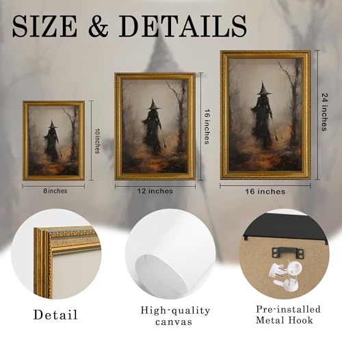AVECCO Halloween Witch Broomstick Forest Wall Art Canvas Framed 8x10 inch - color: Witch, size: 10"L x 8"W