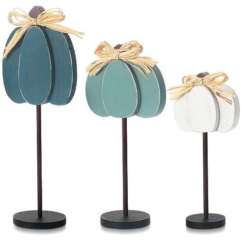 Thyle 3 Pcs Blue Fall Decor, Wooden Pumpkins, Fall Decorations for Home - color: Blue, White