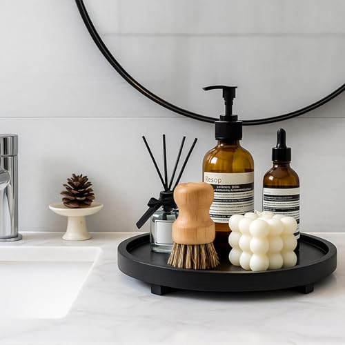 Round Wood Riser Bathroom Sink Tray for Kitchen Counter Vanity Perfume Tray - color: Black, size: 12"