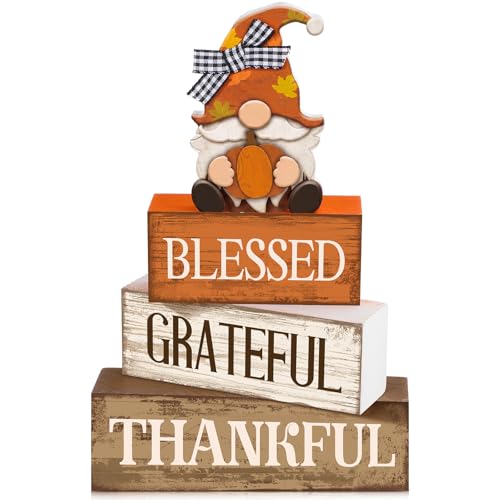 Lineshading 4 Pcs Thanksgiving Table Decor, Blessed Gnome Wooden Block Sign - style: Blessed Gnome