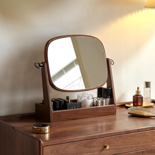 YESWOOD Vanity Makeup Mirror Tabletop with North America Black Walnut Stand, 360 Degree Swivel Magnifying Mirror with Storage for Bathroom or Bedroom, 16inch