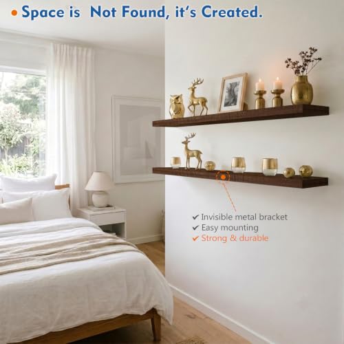 Harwaya 48 inch Floating Shelves Dark Wood, Long Wall Shelves for Bedroom - color: Dark Walnut, size: 48 x 8 Inch