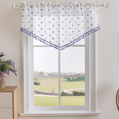 3 Pieces Boho Sheer Valances for Windows, Cute Pom Pom Rod Pocket Light Filtering Short Valance Curtains with Tassels for Nursery Kids Bedroom Bathroom Cafe (Purple A,55"x24") - color: Purple a
