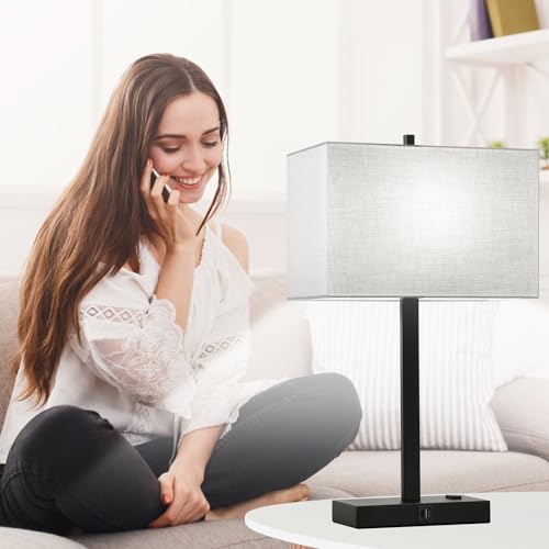 Lynnoland Set of 2 Touch Control Table Lamps with 2 USB & AC Outlet, 3-Way Dimmable Bedside Nightstand Lamps for Bedroom Living Room Nursery, 800 Lumens 5000K Daylight Bulbs Included - color: Gray Linen & Matte Black