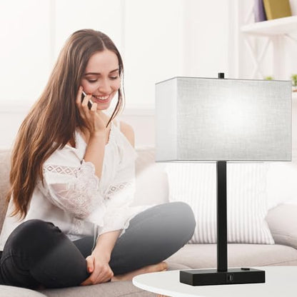 Lynnoland Set of 2 Touch Control Table Lamps with 2 USB & AC Outlet, 3-Way Dimmable Bedside Nightstand Lamps for Bedroom Living Room Nursery, 800 Lumens 5000K Daylight Bulbs Included - color: Gray Linen & Matte Black