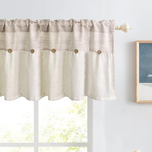 Farmhouse Boho Linen Button Valance for Kitchen Window Dining Room - color: Beige, size: 39"W x 20"L (Pack of 1)
