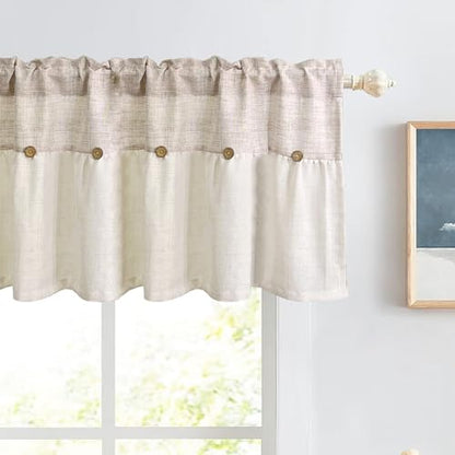 Farmhouse Boho Linen Button Valance for Kitchen Window Dining Room - color: Beige, size: 52"W x 20"L (Pack of 1)