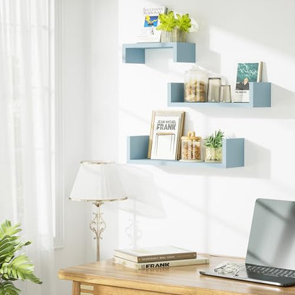 SRIWATANA Blue Floating Shelves, Set of 3 Wood Wall Mounted Display Shelf - color: Blue