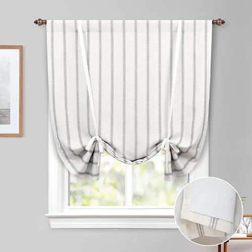 DriftAway Farmhouse Double Layer Linen Blackout Tie Up Curtains Thermal Insulated Vertical Striped Fully Lined Balloon Roman Shade Bathroom Window Adjustable Rod Pocket 45 Inch by 63 Inch Gray - color: Grey, size: 45"W x 63"L (Pack of 1)