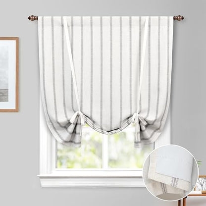 DriftAway Farmhouse Double Layer Linen Blackout Tie Up Curtains Thermal Insulated Vertical Striped Fully Lined Balloon Roman Shade Bathroom Window Adjustable Rod Pocket 45 Inch by 63 Inch Gray - color: Grey, size: 45"W x 63"L (Pack of 1)